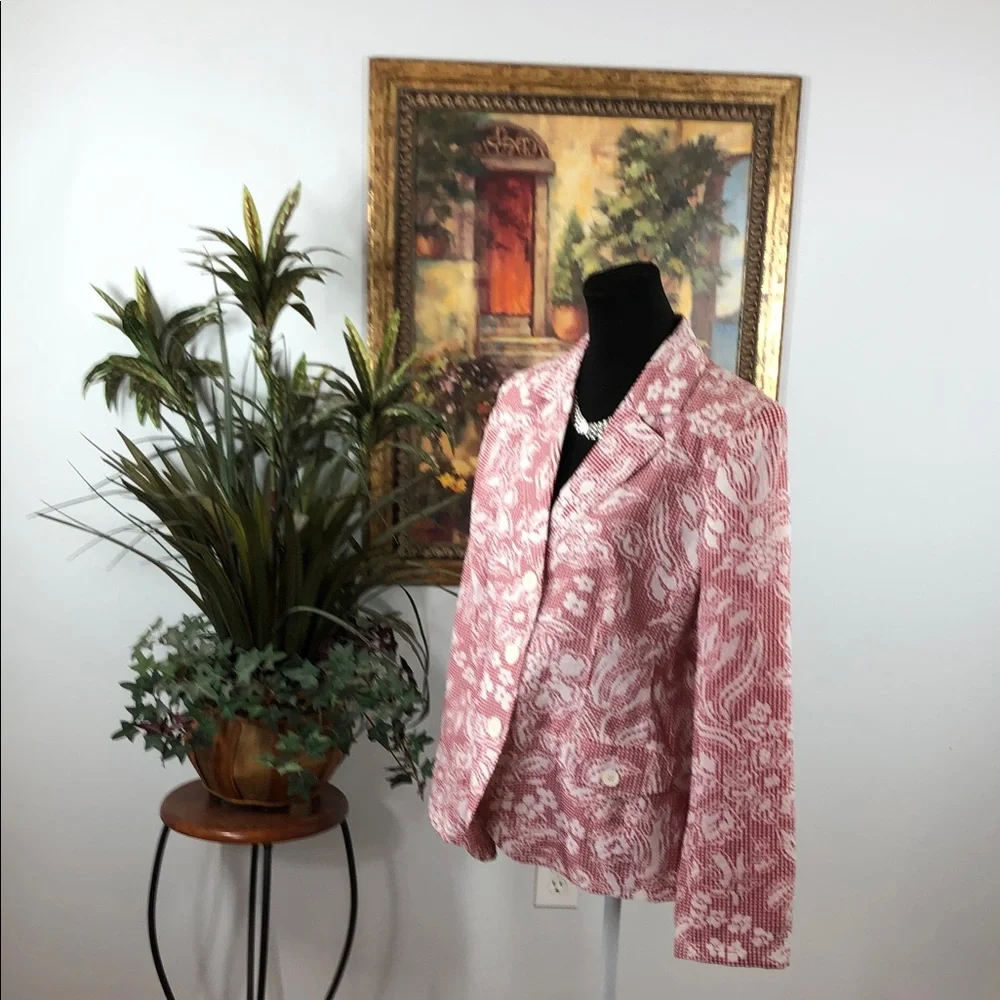 Joni B. Elegant Pink Floral Women's Blazer‎ 2 Flap Pocket 3 Buttons Collared